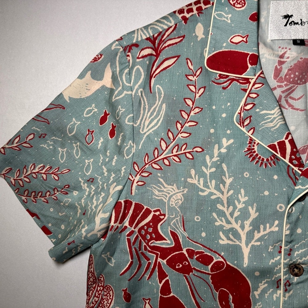 Tombolo Hawaiian Shirt Small French Blue Organic Tencel Mardi Gras Cabana Lounge - Picture 2 of 16